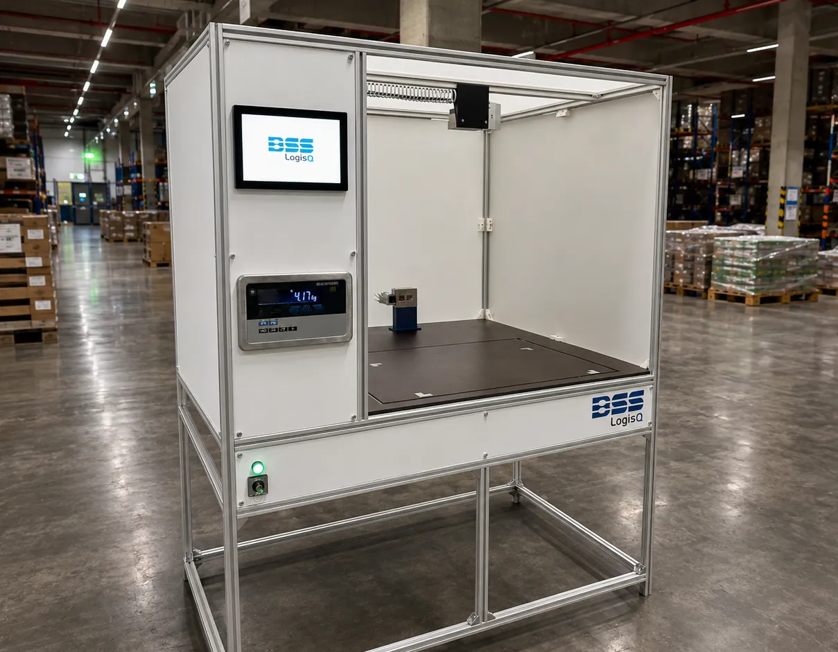 Eine Kolli‑Scanner-Messstation in einem Distributionslager.