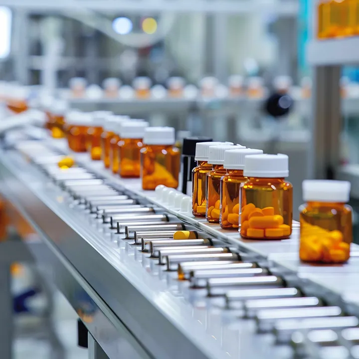 Verschlossene Vials auf einem Produktionsförderband.